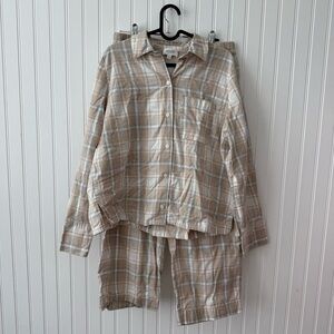 Women's Beige Plaid Cotton Pajama Set - Lightweight Sleepwear